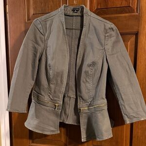New Directions M Olive Greenish-Gray peplum Denim Jacket open-front EUC